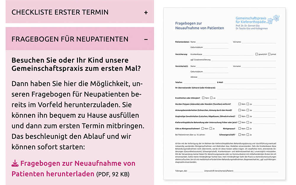 Formulargestaltung gestalteter anamnesebogen zahnarzt tübingen